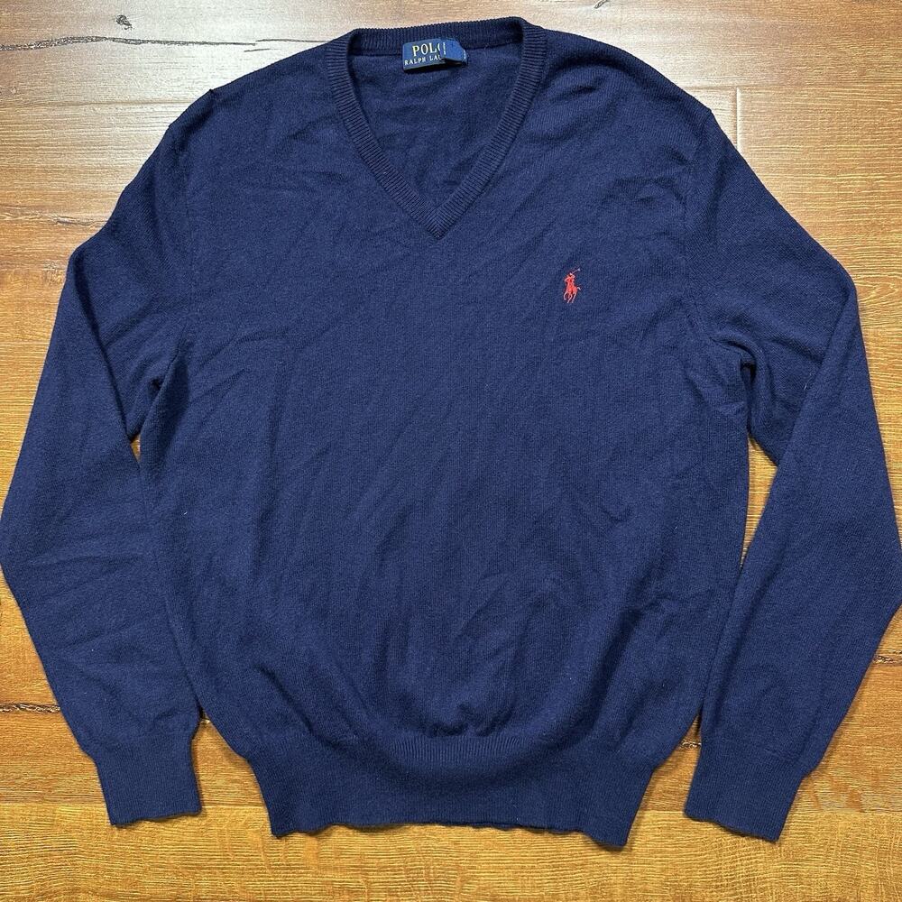 Ralph Lauren Sweatshirt Mens M Blue 100% Merino Wool V Neck Designer Luxury City